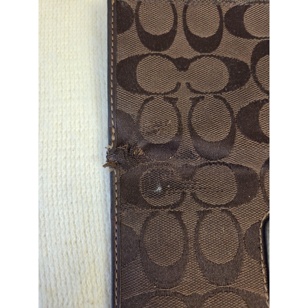 Coach Bleeker Signature Jacquard Trifold ID Wallet Dark Brown Gold Buckle - Picture 10 of 10